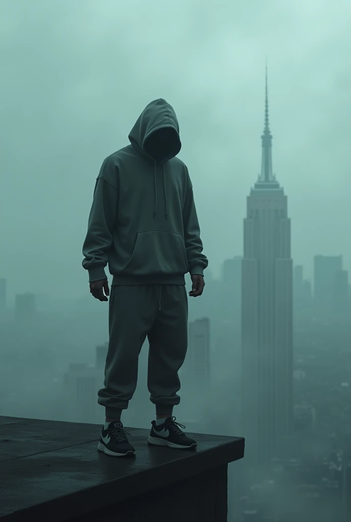 A man is on a high-rise building on the roof with a hoodie and sweatpants and Nike shoes in the background is fog and it is very dark and depressed and the man is about to jump down 