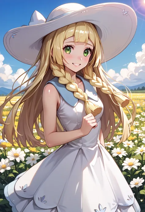 1girl, standing, skirt lift, facing viewer, from side, BREAK zzlillie, long hair, braid, sun hat, white headwear, collarbone, sleeveless dress, white dress, panty, blew in the wind, nervous smile, BREAK detailed background, field of flowers, BREAK (best qu...