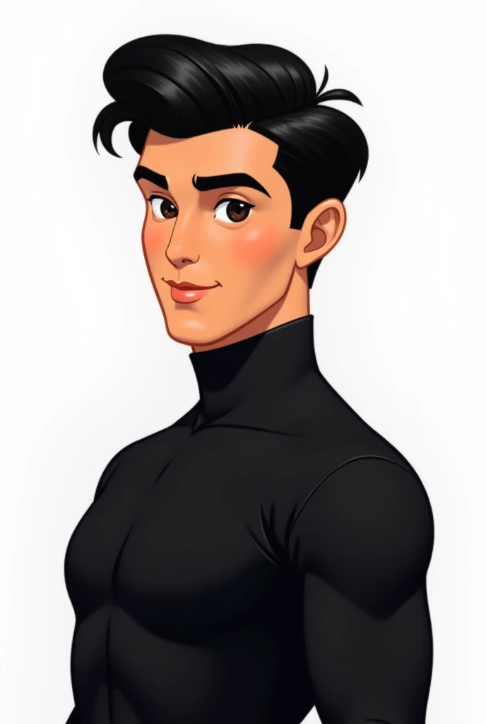 disney cartoon moreno handsome man with super clean black haircut wearing black long sleeves top with white background