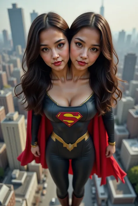 front top view portrait , Filipina-American, two heads sharing a body, wearing female superhero spandex suit with cape without logo and floating above ground, realistic, looking at the camera with chin slightly up, city background, hands at the side medium...