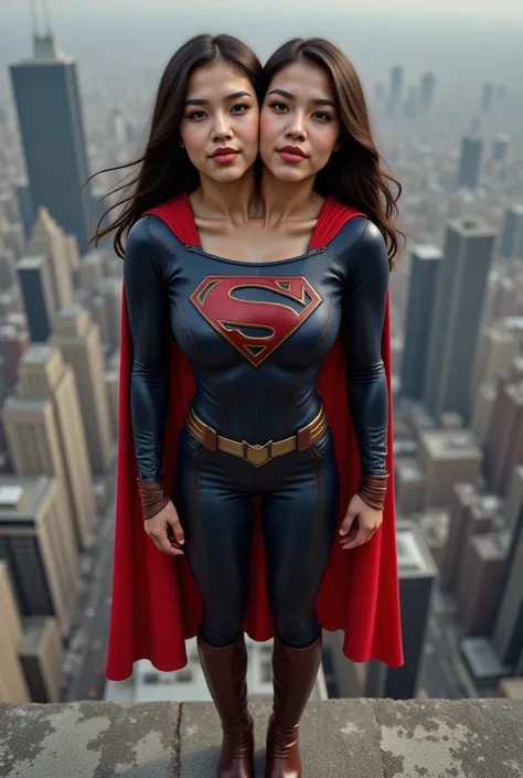 front top view portrait , Filipina-American, two heads sharing a body, wearing female superhero spandex suit with cape without logo and floating above ground, realistic, looking at the camera with chin slightly up, city background, hands at the side medium...