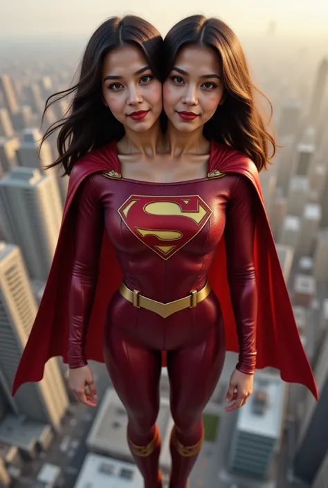 front top view portrait , Filipina-American, two heads sharing a body, wearing female superhero spandex suit with cape without logo and floating above ground, realistic, looking at the camera with chin slightly up, city background, hands at the side medium...