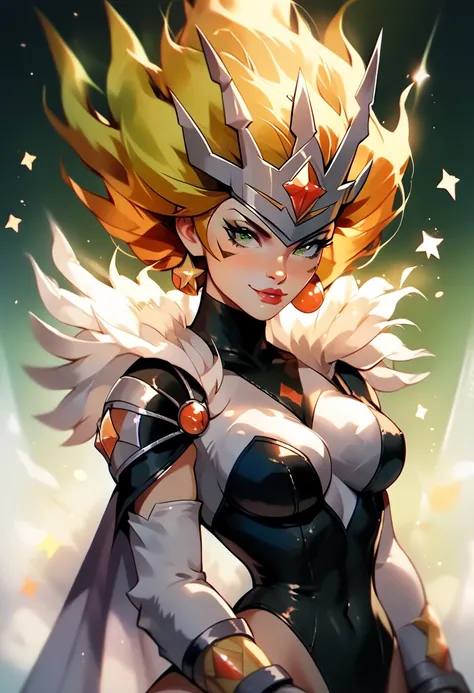 a star queen digimon, green eyes, right side sword, orange color, 8k high definition