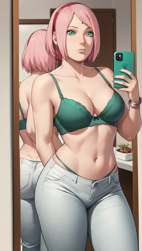  Sakura Haruno with short pink hair,  Green Eyes Pants,  medium large breasts,  healed abdomen ,  thick thighs,  large panties green floss , green bra with cell phone in hand ,  in front of the mirror ,  posing sensually 