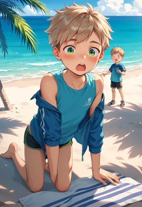  score_9,  score_8_arriba,  score_7,  score_6,    source    _    animated, A boy, shota,  green eyes,  light brown hair , blushing,  surprised , short Marron de  beach, Hawallana blue shirt ,  beach, arena,   palm trees and shadows  , Mar,  perfect bodies,...