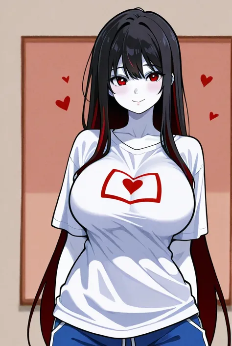 Draw a woman with large breasts, big breasts, big breasts, highlights of the image: hourglass, white skin, long black hair, red eyes, white t-sirt shirt with a concave spot, straight chest, blue shorts, anime drawing, beautiful appearance, heart-shaped fac...