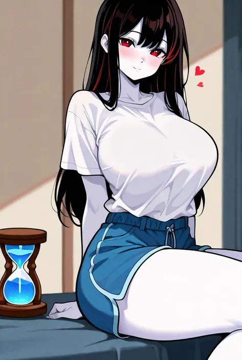 Draw a woman with large breasts, big breasts, big breasts, highlights of the image: hourglass, white skin, long black hair, red eyes, white t-sirt shirt with a concave spot, straight chest, blue shorts, anime drawing, beautiful appearance, heart-shaped fac...