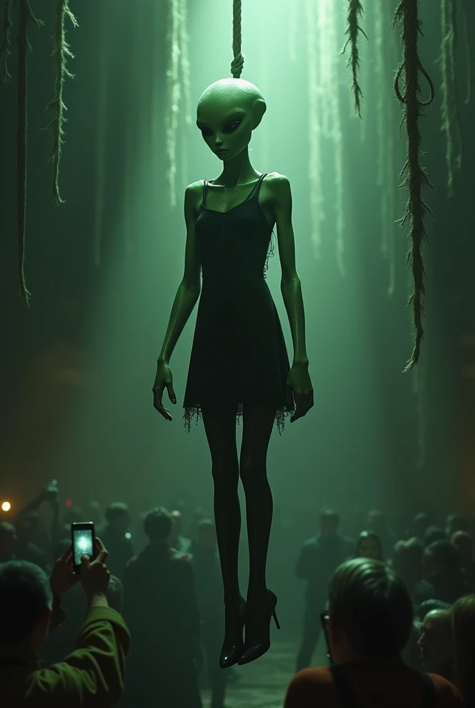 dead lifeless murdered body of young, friendly alien girl, she was napped from her home planet 9 billion light years away, she has green skin and an alien head, wearing a black dress and small skinny stretchy black spandex tights and high heels hanging fro...