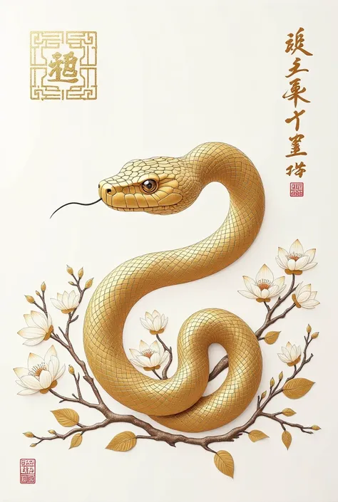  detail made in a style that blends traditional Chinese ink painting with paper art techniques. The snake's body is depicted in a winding position with , give details at the bottom and top on the snake's body, sparkling, and realistic.  Snake head depicted...