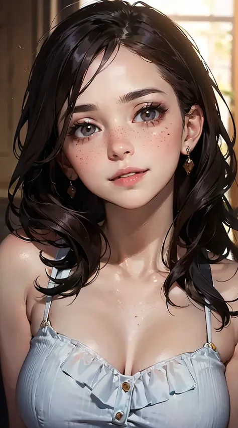 ultrarealistic long full face and body photorealistic image of a with a  23-year-old girl with a lovely face, featuring deep hazel eyes that captivate anyone who meets them. Her brown hair, adorned with lighter shades, gracefully falls onto her shoulders, ...