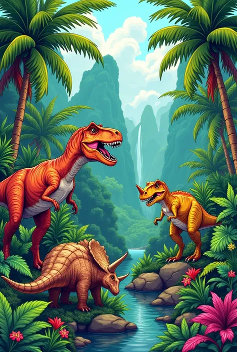 make me a graphic jungle background with dinosaurs for coloring book make it colored