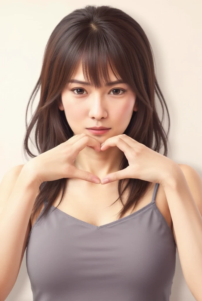  Super Fine、Picture of her face 、She smiles, I&#39;m wearing a camisole,  poses with hands crossed in front of the chest in the shape of a heart、The background is plain 、    High Definition 、細部にわたって   High Definition 