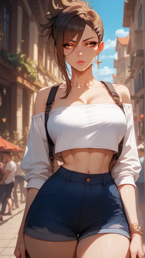 Saya Kisaragi style,  perfect eyes,  perfectly sexy face, ultra detailed,  ultra perfect eyes ,  big beautiful woman , standing, dark blue shorts, Body,  looking at the spectator,