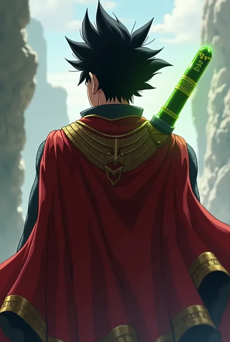 The character is in the foreground,  with their backs to the observer .  He wears a predominantly red cape with gold and black details on the edges ,  in addition to an outfit with a texture that appears to be metallic or mesh .  His hair is black and spik...