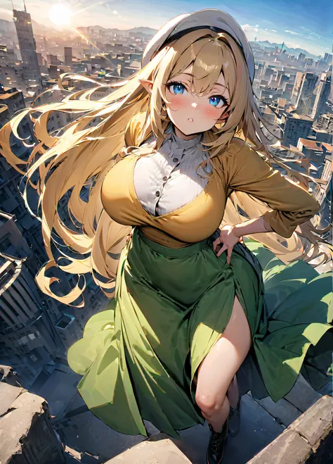 masterpiece, best quality, 1girl, solo, alpha, pointy ears, blue eyes, very long hair, blonde hair, large breasts, yellow blouse, white hat, green skirt, long skirt, hand on hip, city, looking up, blue sky, sun, lens flare