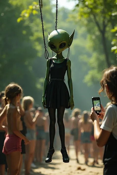 dead lifeless murdered body of young, friendly alien girl, she was napped from her home planet 9 billion light years away, she has green skin and an alien head, wearing a black dress and small skinny stretchy black spandex tights and high heels hanging fro...