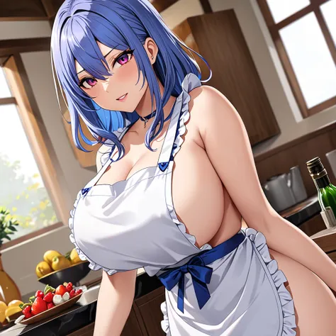  best quality, masterpiece,The Female Leader of the Evil Organization、Big Breasts, naked apron,valley、