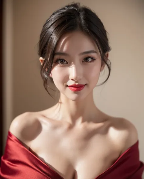 ( surreal ,32K, RAW photo:1.1),( highly detailed skin:1.1), 8K UHD, dslr, High quality,  film grain, (makeup, Mascara:1.1), Clear color correction , Korean beauty in her 20s, Short cut,  charming smile , red lips, Silk off-the-shoulder,Jewelry,  huge perky...