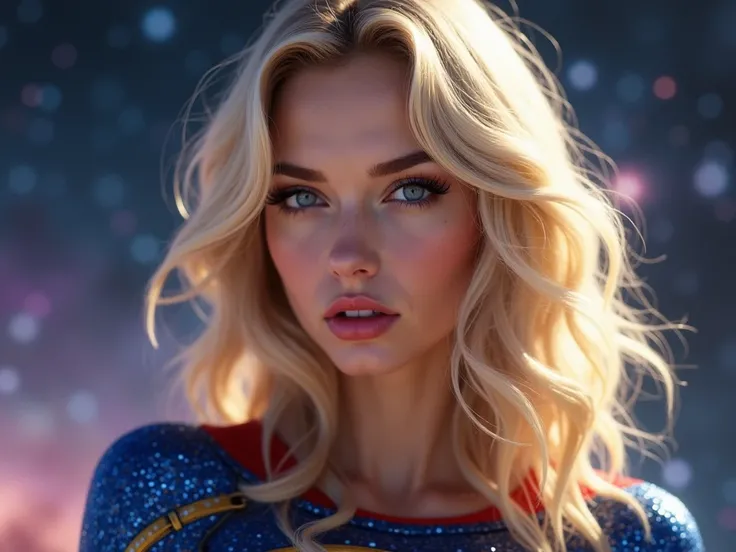 Best Quality, 8k, Masterpiece:1.3, Ultra Detailed, ultra-high res, sexy Power Girl 18-year-old, beautiful face, gorgeous, pale skin, blonde hair, blue eyes, full and shiny lips, thick lips, half-open lips, light pink lip gloss, skinny, dynamic and sexy pos...