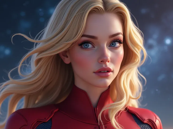 Best Quality, 8k, Masterpiece:1.3, Ultra Detailed, ultra-high res, sexy Power Girl 18-year-old, beautiful face, gorgeous, pale skin, blonde hair, blue eyes, full and shiny lips, thick lips, half-open lips, light pink lip gloss, skinny, dynamic and sexy pos...