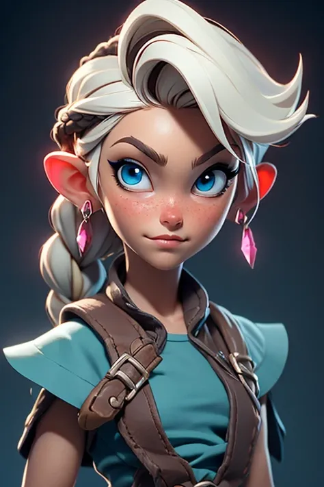 Female fantasy halfling, cute face, large blue eyes freckles, long platinum blonde hair, braided hair, side french braids, multiple braids, long pony tail braided