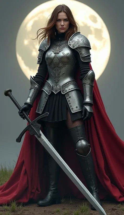 Female warrior with shoulder length brown hair, upper body silver armor with black detailed rivets/seems and eagle etching, deep red cloak, short black skirt, armored boots, top of broadsword resting on the ground, huge moon behind her