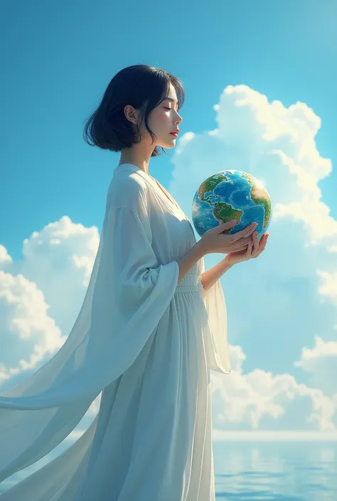  in ultra high quality、 real photo 、( extremely detailed CG Unity 8K wallpaper 、masterpiece)、(Best lighting、 Best Shadow、 very delicate and beautiful )、 ultra detail、《The goddess who protects the Earth ：1.2》、《 is standing holding the Earth：1.2》、《 Japanese ...