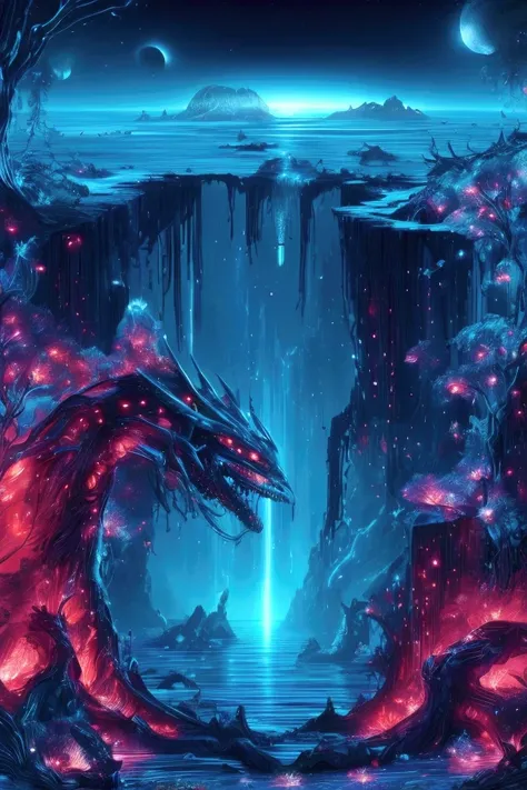 Giant creatures with multiple heads leaning over vast lakes, abyssal lakebeds as their home, unexplored places on earth, science fiction, best picture quality.