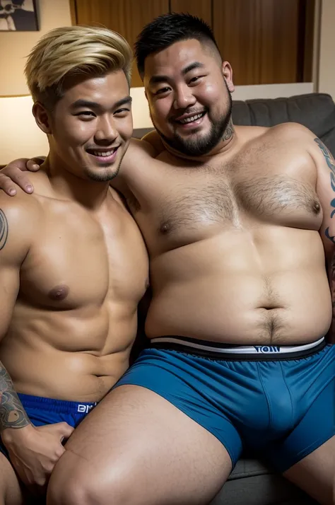 2men 1-fat-Chinese-dad 1-blonde-athlete, a handsome-blonde-haired-american-athlete wearing tight shorts laying on a couch with his head resting in the lap of a smiling-shirtless-tattooed-fat-chinese-man wearing boxer shorts, highly detailed, photorealistic...