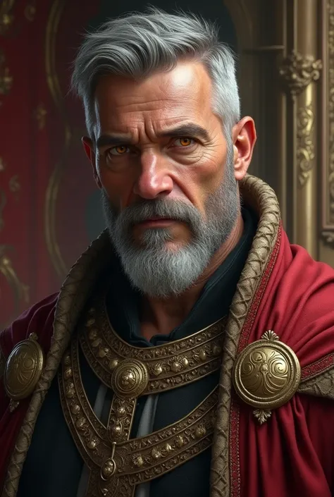 King medieval man with gray hair and dark orange eyes, short hair and a well-cut beard