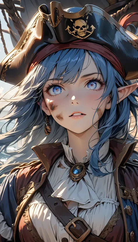 cinematic lighting, UHD, ((masterpiece)), super detail, (detailed eyes, detailed face), high quality, highres, high details, Pirate, Captain, blue Hair, Elf, On the pirate ship, Covered in wounds