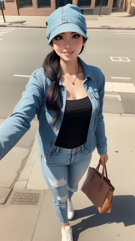 araffe woman in a blue hat and jeans walking on a sidewalk, outfit photo, in the city, sunny day, candid photo, casually dressed, wearing denim, sunny day time, double denim, wearing double denim, wearing a jeans jackets, outfit photograph, on the street, ...