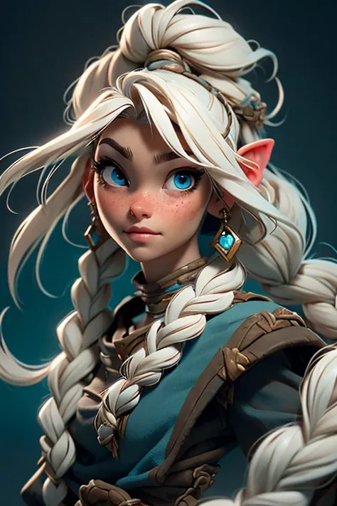 Female fantasy halfling, cute face, large blue eyes freckles, long platinum blonde hair, braided hair, side french braids, multiple braids, long flowing hair in braids