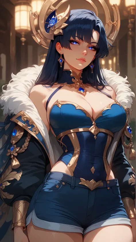 Seri Kikyo style, Call of the Night,  perfect eyes,  perfectly sexy face, ultra detailed,  ultra perfect eyes ,  big beautiful woman , standing, dark blue shorts, Body,  looking at the spectator,