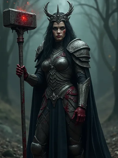 Female Morgoth with a mighty hammer from dark flame,silmaril crown on her head,blood covered face and armour,Dark realistic photography,dark ambient art,dark surrealism, dark ambient