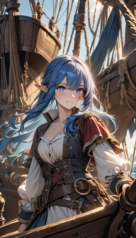 cinematic lighting, UHD, ((masterpiece)), super detail, (detailed eyes, detailed face), high quality, highres, high details, Pirate, Captain, blue Hair, Elf, On the pirate ship, Covered in wounds, Raise her sabre and encourage her allies.