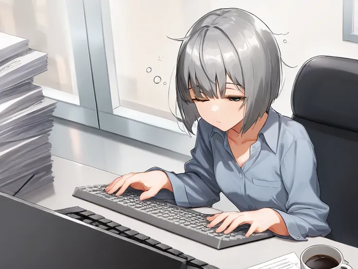  1 girl in the best,Alone,Gray Hair, bob cut, systems engineer,whole body,typing,  office,Co-working space, coffee,sleepy, best quality,up to date, high resolution,  is ridiculous,