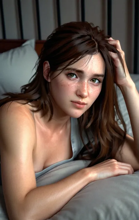 photo of ohxw, ellie, woman,portrait ,long length hair, face details, low key lighting. Sexy face
. Lying down on her bed. Sly smile. Hand stroking her hair. Without shirt