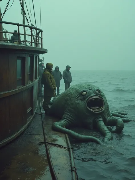 A disturbing. alien—like blob creature with bulging, lifeless eyes and a grotesque, open mouth sprawled across the deck of a fishing vessel The creature's slimy, wrinkled skin and coiled, worm-like appendages create a nightmarish appearance, as it lies mot...