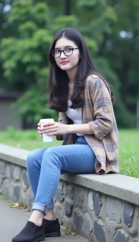 a photograph of a young woman sitting on a stone wall. She is wearing a plaid jacket, blue jeans, and black shoes. She has long black hair and is wearing glasses. Her legs are crossed and she is holding a white cup in her hand. The background is blurred, b...