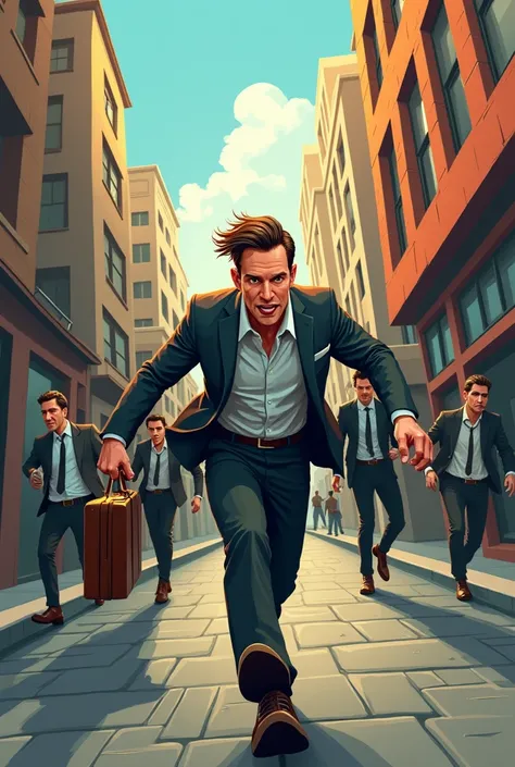 A humorous visual of the entrepreneur running through city streets, chasing after clients who vanish behind doors or fade into shadows, holding briefcases tightly.