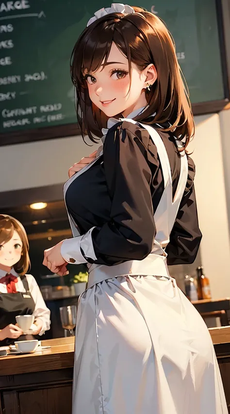 (((2 girls))), Deformed waitress, mini waitress, smile, blushing, 1 girl, brown hair, waitress, maid, anna millers,  large breasts, earrings, brown hair, apron, leaning forward, wear a white shirt, orenge flare skirt, cute face, smile, in the cafe, back vi...