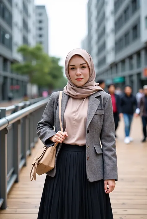 two women of Indonesian descent, 28 years old,  
She has medium-toned skin, dark brown eyes, and a pleasant facial expression. Her body type is a little bit big but curvy. Natural-color lips.
 is seen from the mid-section up.  She is wearing a light taupe-...