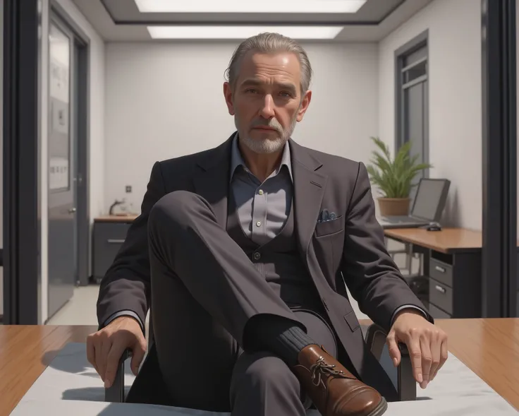 An elegant grandfather of fifty-five years old, brown hair with gray hair, Fine wrinkles,  brown eyes, in a jacket, sits at the table with his foot over his leg, in a private, modern, bright office