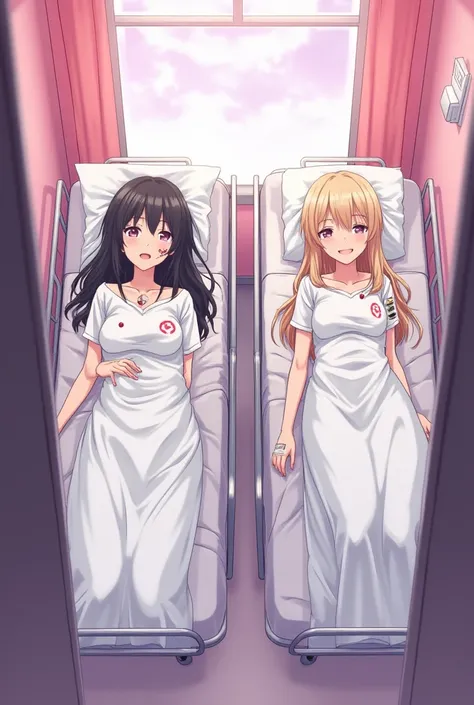 two manga girls lying in two hospital bed each hospital bed, one with black hair, fair skin ang have injuries. the otjer one have blonde hair, fair skin and also have injuries. they are both smiling.  with the perspective from the door, and is landscape wi...