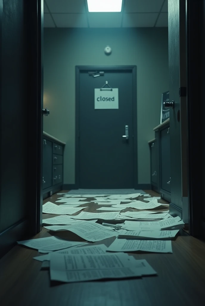 A symbolic slow-motion scene showing torn business plans scattering across the floor, a dimly lit office with a “Closed” sign on the door, and a fading logo of his startup.