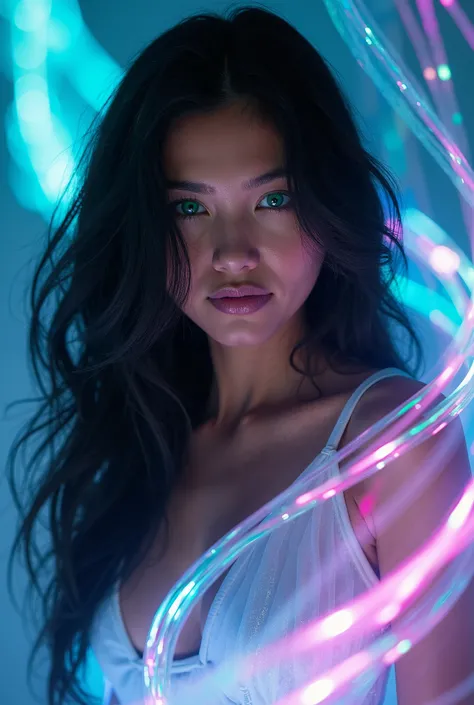 **A beautiful Brazilian model with green eyes and long, flowing black hair, enveloped in holographic transcendence, with spiraling ribbons of light seamlessly enveloping the figure. It integrates vibrant sapphire swirls with shifting pink highlights to cre...