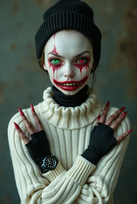 Bald, wearing a white sweater, a black winter hat, black open-fingered gloves, one green and one red eye, red lips, sharp teeth, wearing a black sleeveless shirt, wearing a black watch 