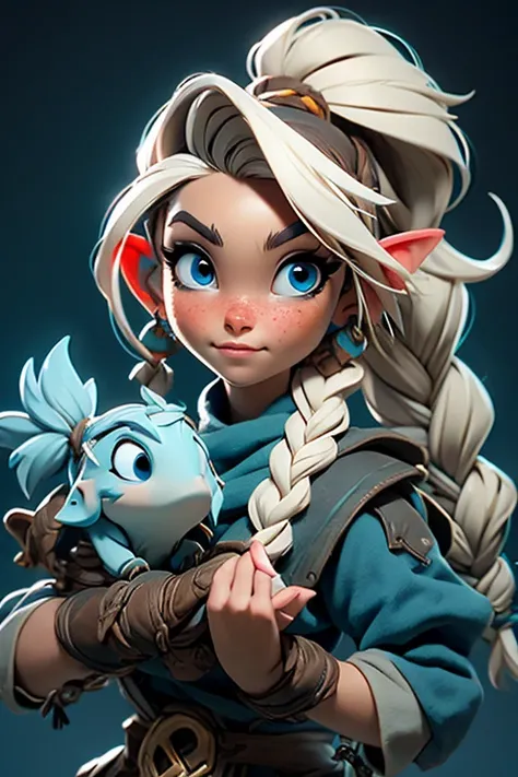 Female fantasy halfling, cute face, large blue eyes freckles, long platinum blonde hair, braided hair, side french braids, multiple braids, long pony tail braided