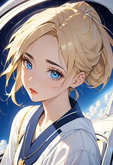  Yan,sparse lashes  ,  droopy eyes  ,Thick lips,  thick eyebrows,Young blonde anime,  esthetic body,  dark blue eyes ,  wearing white clothes and blue details , on a spaceship, With gold necklace